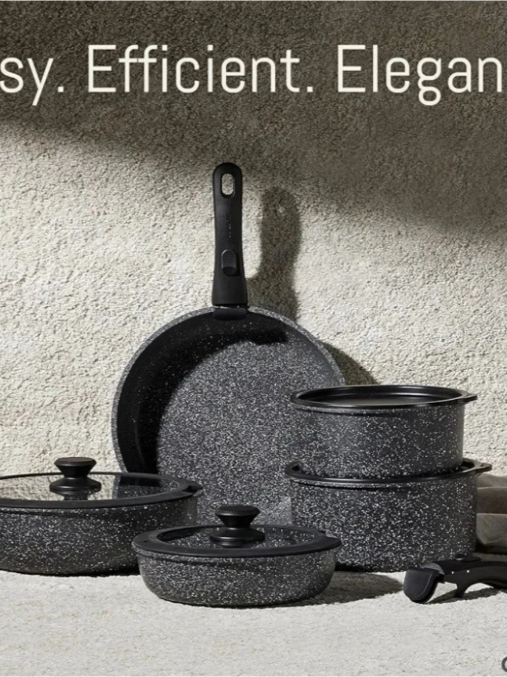 CAROTE 11pcs Nonstick Cookware Set With Detachable Handle, Jet Black